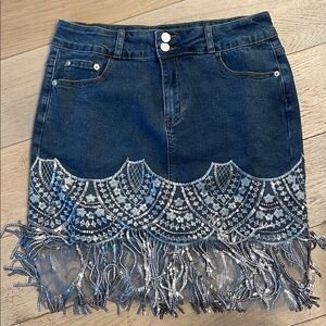 SHEIN Blue Denim Skirt with Silver Lace Fringe